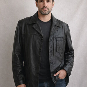 80s Echtes Leder Men’s Black Leather Jacket 42 Chest Button Front